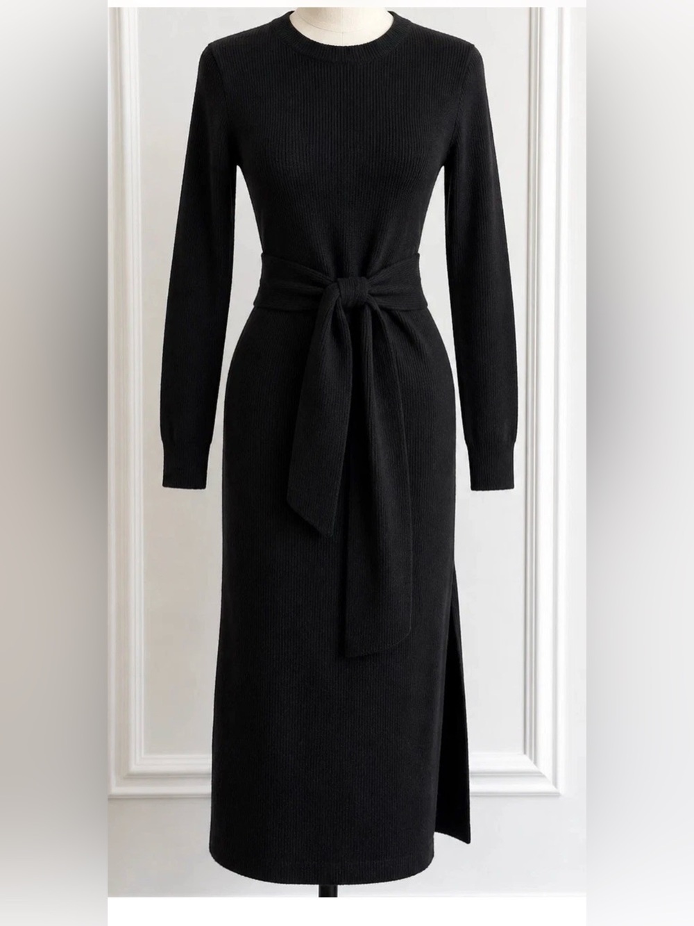 Scoop Black Knit Midi Sweater Dress XS Tie Waist Boho NEW